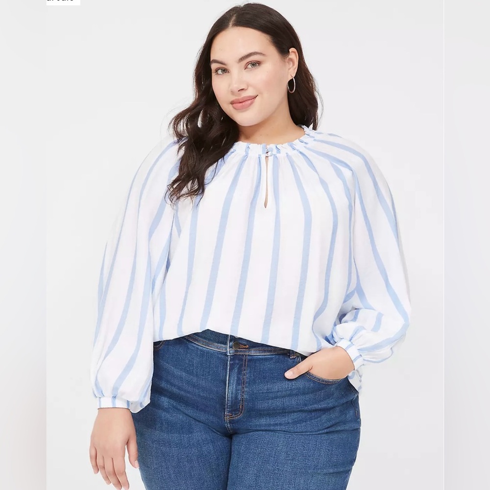 Swing Bracelet-Sleeve Popover Blouse Striped V-Neck Peasant Blouse